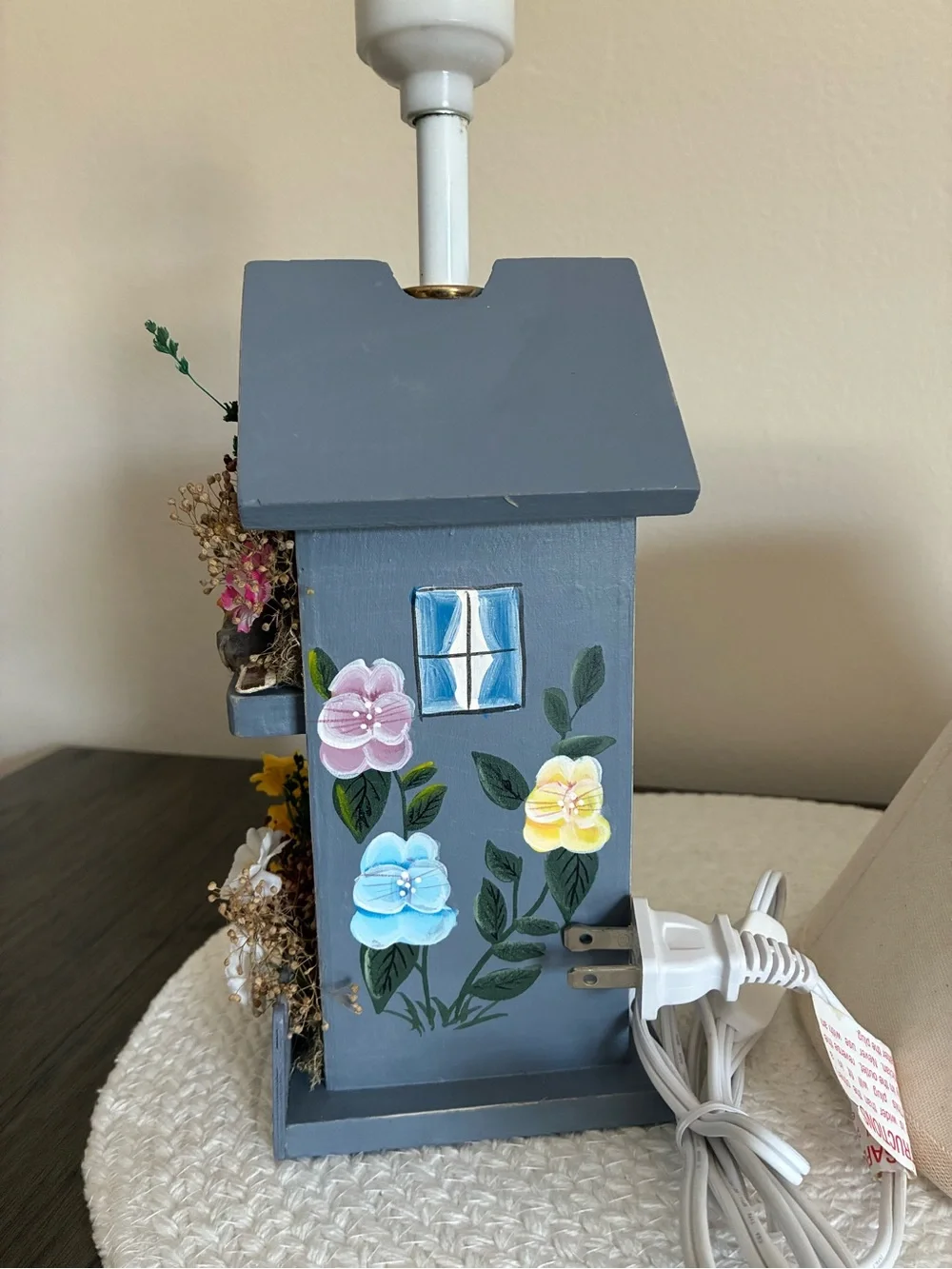 Handcrafted Gray Birdhouse Table Lamp with Cream Shade